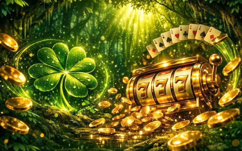 Verde Casino app banner con slot 777 e trifoglio luminoso