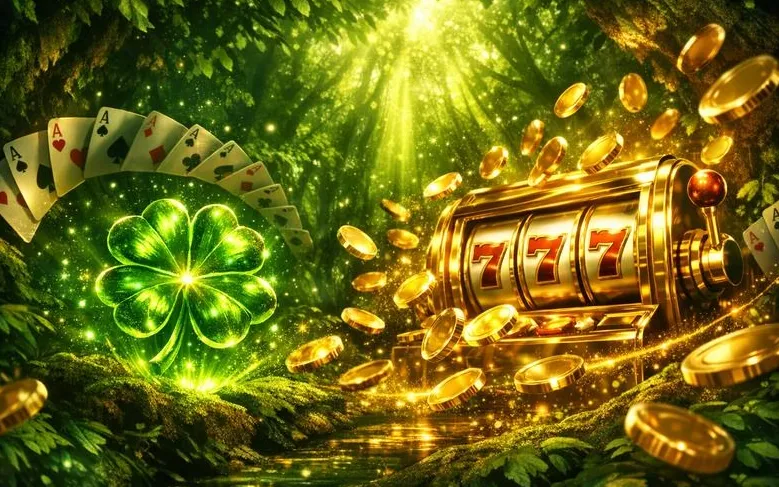 Verde Casino games banner con slot 777 e donna in abito di foglie