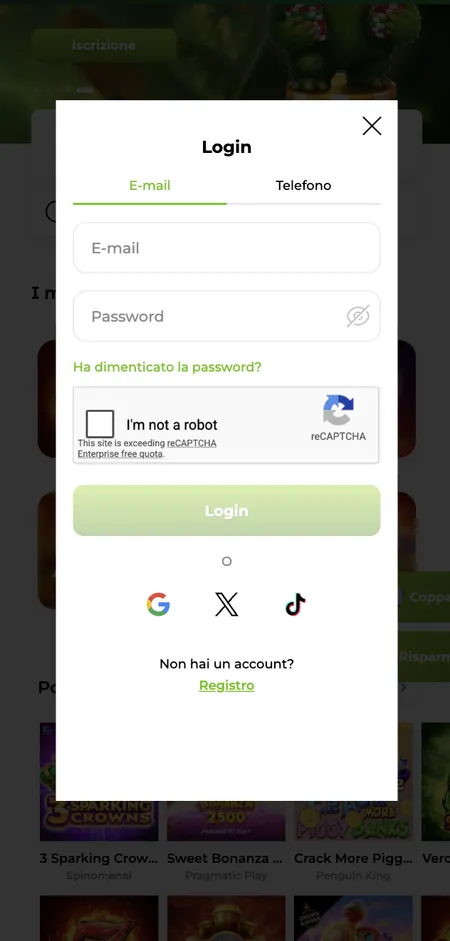 Schermata di accesso Verde Casino
