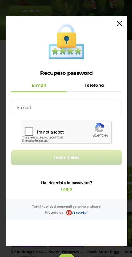 Recupero password Verde Casino